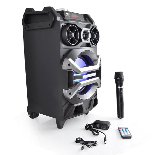  Pyle 500 Watt Outdoor Portable Bluetooth Karaoke Speaker System - PA Stereo with 8 Subwoofer, DJ Lights Rechargeable Battery Wireless Microphone, Recording Ability, MP3USBSDFM R