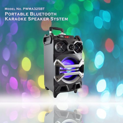  Pyle 500 Watt Outdoor Portable Bluetooth Karaoke Speaker System - PA Stereo with 8 Subwoofer, DJ Lights Rechargeable Battery Wireless Microphone, Recording Ability, MP3USBSDFM R