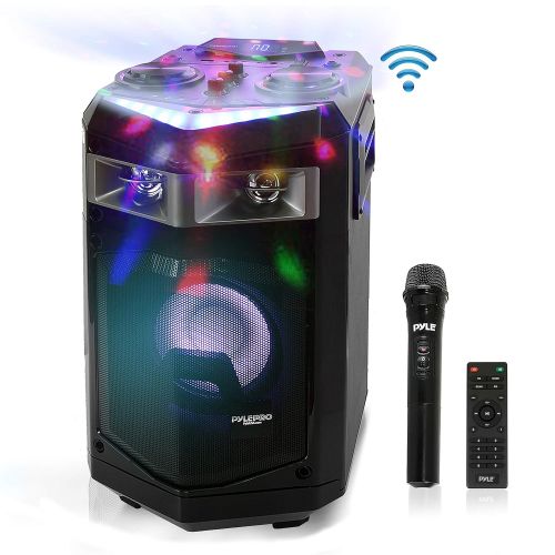  Pyle Wireless Portable PA Speaker System - 500W Bluetooth Compatible Battery Powered Rechargeable Outdoor Speaker Microphone Set with Mic Talkover MP3 USB SD FM Radio AUX, LED Dj Lights