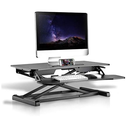  Jovial Pyle Ergonomic Standing Desk & PC Monitor Riser - Height Adjustable Laptop & Computer Table w Wide Keyboard Tray - Black Sit & Stand Desktop Workstation Converter for Office or Ga