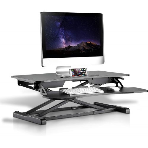  Jovial Pyle Ergonomic Standing Desk & PC Monitor Riser - Height Adjustable Laptop & Computer Table w Wide Keyboard Tray - Black Sit & Stand Desktop Workstation Converter for Office or Ga