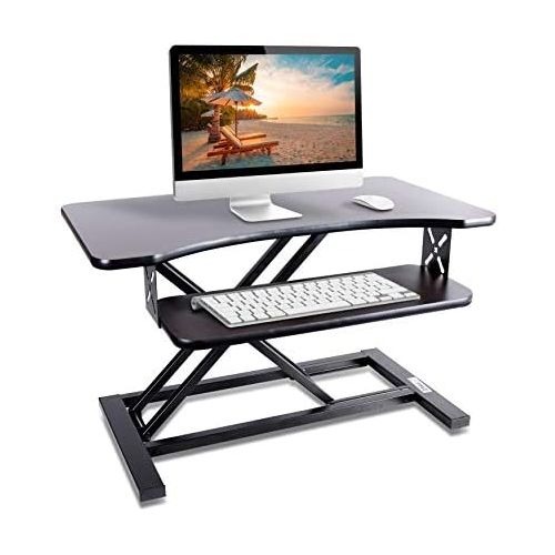  Pyle Ergonomic Standing Desk & PC Monitor Riser - Height Adjustable Laptop & Computer Table w Wide Keyboard Tray - Black Sit & Stand Desktop Workstation Converter for Office or Ga