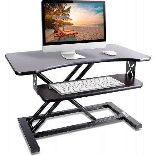  Pyle Ergonomic Standing Desk & PC Monitor Riser - Height Adjustable Laptop & Computer Table w Wide Keyboard Tray - Black Sit & Stand Desktop Workstation Converter for Office or Ga