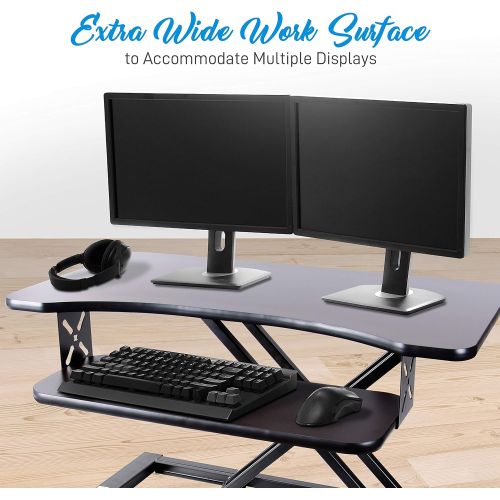  Pyle Ergonomic Standing Desk & PC Monitor Riser - Height Adjustable Laptop & Computer Table w Wide Keyboard Tray - Black Sit & Stand Desktop Workstation Converter for Office or Ga