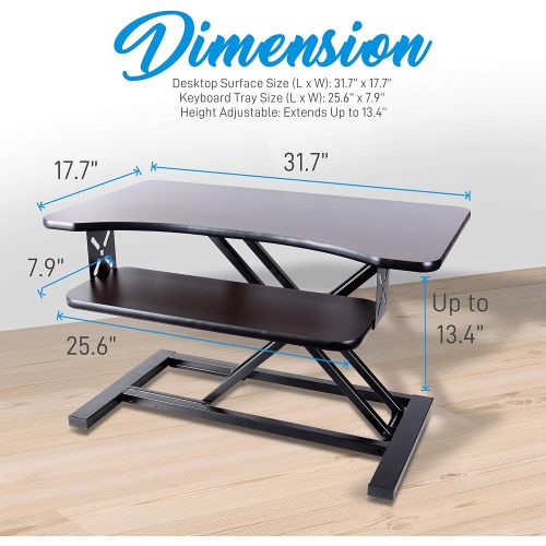  Pyle Ergonomic Standing Desk & PC Monitor Riser - Height Adjustable Laptop & Computer Table w Wide Keyboard Tray - Black Sit & Stand Desktop Workstation Converter for Office or Ga