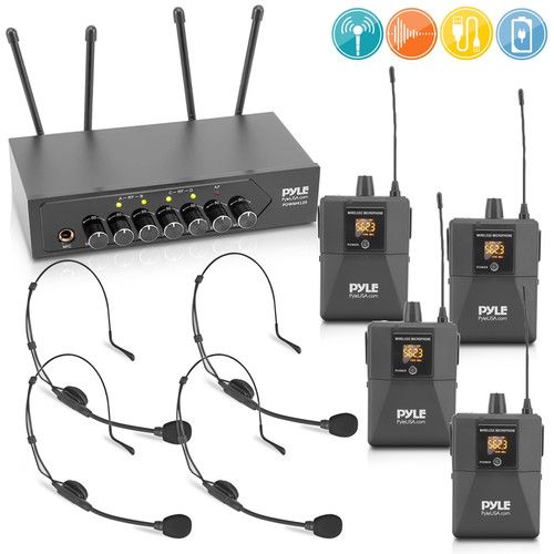  Pyle Pro PDWM4122 UHF Wireless System with 4 Bodypacks, 4 Headset Mics & Receiver with Bluetooth