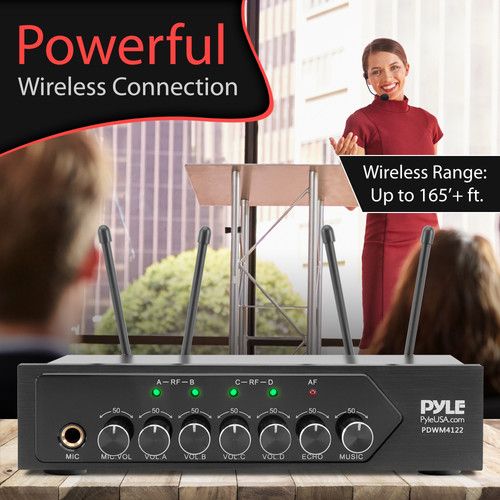  Pyle Pro PDWM4122 UHF Wireless System with 4 Bodypacks, 4 Headset Mics & Receiver with Bluetooth