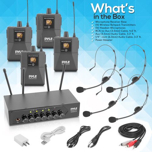  Pyle Pro PDWM4122 UHF Wireless System with 4 Bodypacks, 4 Headset Mics & Receiver with Bluetooth