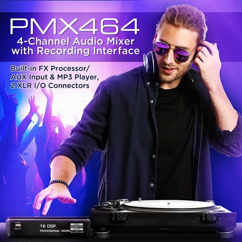  Pyle Pro PMX464 4-Channel Audio Mixer with Built-In FX and USB Interface