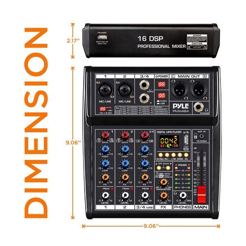  Pyle Pro PMX464 4-Channel Audio Mixer with Built-In FX and USB Interface