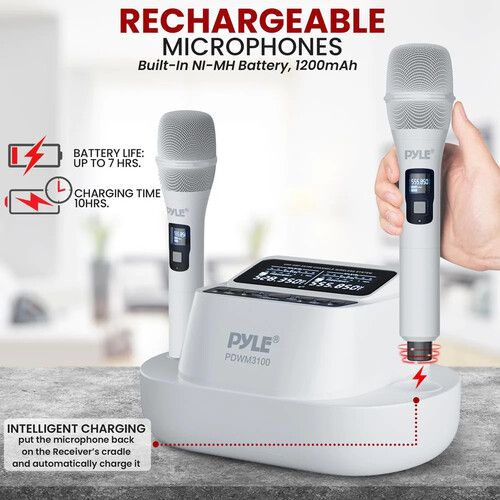  Pyle Pro PDWM3100 Digital UHF Wireless System with Two Handheld Microphones (White, 510 to 560 MHz)