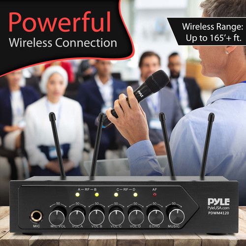  Pyle Pro PDWM4120 UHF Wireless System with 4 Handheld Microphones & Receiver with Bluetooth