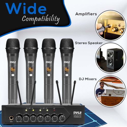  Pyle Pro PDWM4120 UHF Wireless System with 4 Handheld Microphones & Receiver with Bluetooth