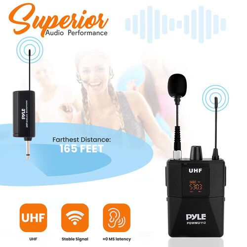  Pyle Pro PDWMU112 Wireless UHF Microphone System with Lavalier Mic, Headset Mic & Plug-In Receiver