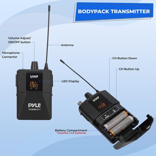  Pyle Pro PDWMU211 2-Person Wireless UHF Microphone System with 2 Lav Mics, 2 Headset Mics & Plug-In Receiver