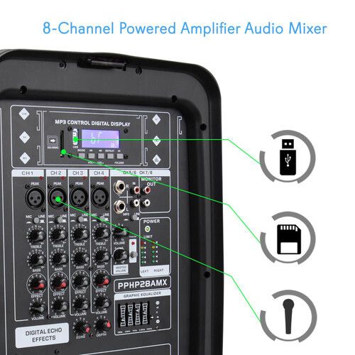  Pyle Pro PPHP28AMX PA Speaker and 300W Amplifier/Mixer DJ Kit with Two 2-Way 8