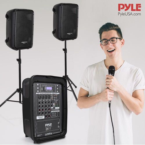  Pyle Pro PPHP28AMX PA Speaker and 300W Amplifier/Mixer DJ Kit with Two 2-Way 8