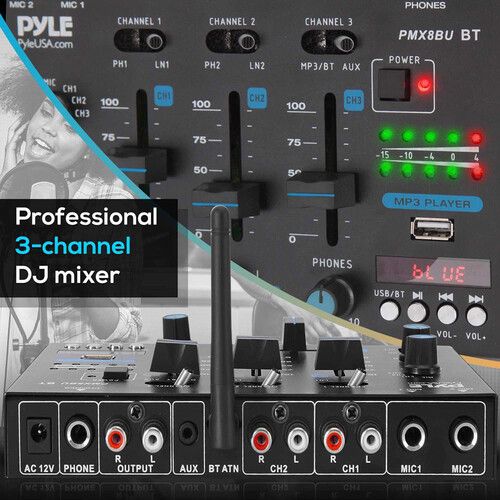  Pyle Pro PMX8BU Wireless 3-Channel DJ Mixer with Bluetooth