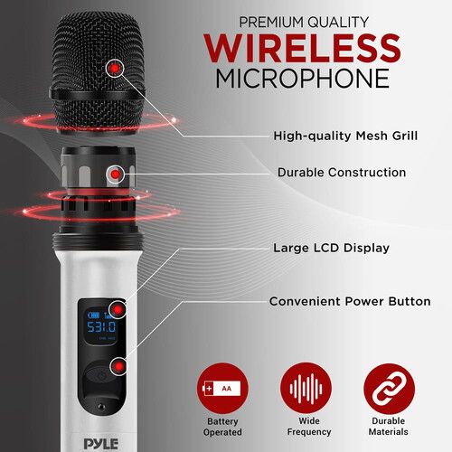  Pyle Pro UHF 2-Channel Wireless Handheld Microphone System with Bluetooth (510 to 590 MHz, White)