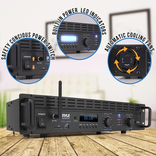  Pyle Pro PTA1000BT Professional Stereo Power Amplifier with Bluetooth (500W/Channel @ 8 Ohms)