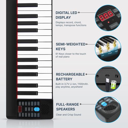  Pyle Pro PKBRD6100 61-Key Touch-Sensitive Foldable Portable Keyboard