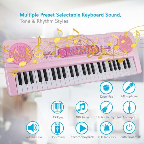  Pyle Pro Portable 49-Key Electronic Keyboard (Rechargeable, Pink)