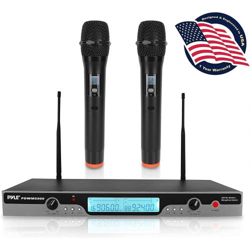  Pyle - Pro Pyle Dual UHF Wireless Microphone & Rack Mountable Receiver System 2 Handheld Mics Multiple Frequency Channels af & RF Signal Indicators LCD Digital Display Integrated Noise Filtra