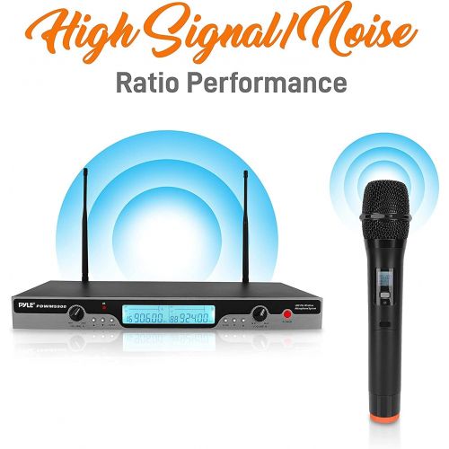  Pyle - Pro Pyle Dual UHF Wireless Microphone & Rack Mountable Receiver System 2 Handheld Mics Multiple Frequency Channels af & RF Signal Indicators LCD Digital Display Integrated Noise Filtra