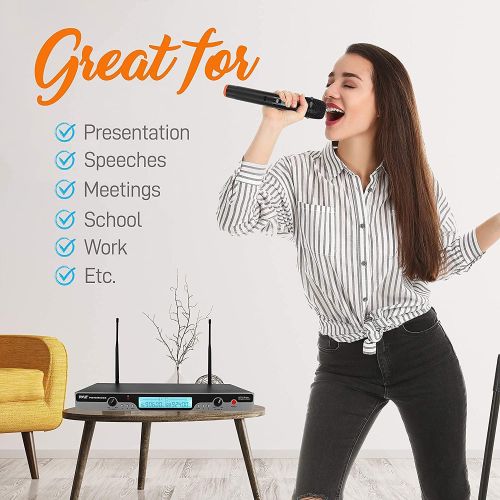  Pyle - Pro Pyle Dual UHF Wireless Microphone & Rack Mountable Receiver System 2 Handheld Mics Multiple Frequency Channels af & RF Signal Indicators LCD Digital Display Integrated Noise Filtra