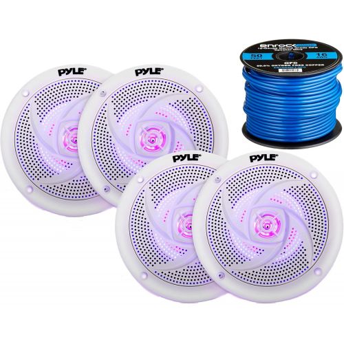  4X Pyle Marine 5.25 2-Way Waterproof White LED Low Profile Slim Style Speakers, 16-Gauge 50 Foot Tinned Speaker Wire