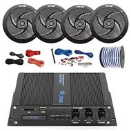 PyleMarine PFMRA440BB 4-Channel Bluetooth Black Amplifier, 4X Pyle 6.5 Waterproof Weather Resistant Black Speakers, Amp Install Kit, 18-G 50 Ft Speaker Wire