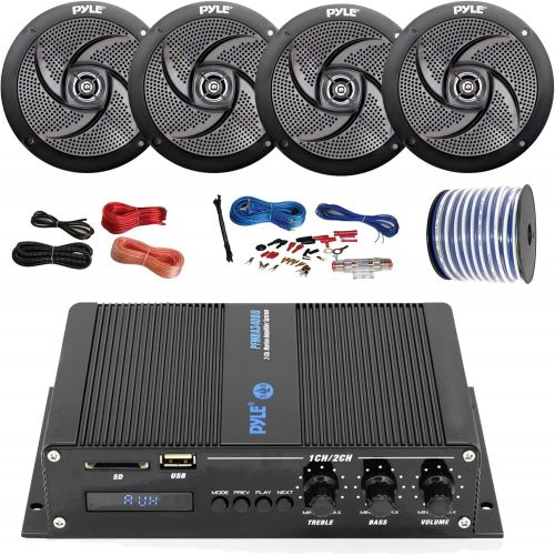  PyleMarine PFMRA440BB 4-Channel Bluetooth Black Amplifier, 4X Pyle 6.5 Waterproof Weather Resistant Black Speakers, Amp Install Kit, 18-G 50 Ft Speaker Wire