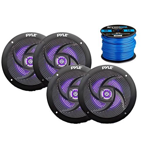  4X Pyle Marine 5.25 2-Way Waterproof Black LED Low Profile Slim Style Speakers, 16-Gauge 50 Foot Tinned Speaker Wire