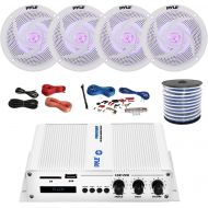 PyleMarine PFMRA450BW 4-Channel Bluetooth White Amplifier, 4X Pyle 6.5 LED Waterproof Weather Resistant White Speakers, Amp Install Kit, 18-G 50 Ft Speaker Wire