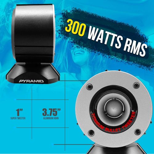  300 Watt Marine Tweeter Speaker - 3.75” Aluminum Bullet Horn w/ 1” Titanium Dome Tweeter, 2k-25kHz Frequency Response, 4 Ohm Impedance, Heavy Duty 20 Oz. Magnet Structure - Pyramid