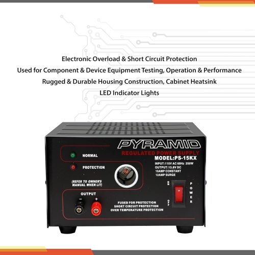  Pyramid Universal Compact Bench Power Supply - 10 Amp Linear Regulated Home Lab Benchtop AC-to-DC Converter w/ 13.8 Volt DC 115V AC 250W Input, Screw Type Terminal, 12V Car Cigarette Light