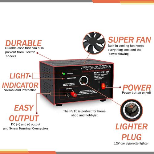  Pyramid Universal Compact Bench Power Supply - 10 Amp Linear Regulated Home Lab Benchtop AC-to-DC Converter w/ 13.8 Volt DC 115V AC 250W Input, Screw Type Terminal, 12V Car Cigarette Light