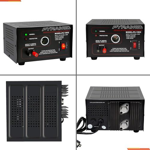  Pyramid Universal Compact Bench Power Supply - 10 Amp Linear Regulated Home Lab Benchtop AC-to-DC Converter w/ 13.8 Volt DC 115V AC 250W Input, Screw Type Terminal, 12V Car Cigarette Light