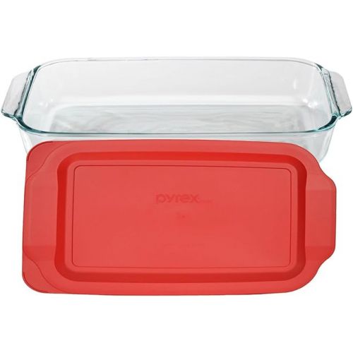  Pyrex Basics 3 Quart Glass Oblong Baking Dish with Red Plastic Lid -13.2 INCH x 8.9inch x 2 inch