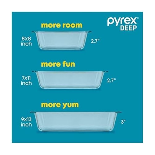  Pyrex Deep Glass Baking Dish with Plastic Lid, Deep Casserole Dish, Glass Food Container, Oven, Freezer and Microwave Safe, Clear Container, 7x11
