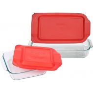 Pyrex Bundle: (1) 222 Clear Glass Baking Dish, (1) 233 Clear Glass Baking Dish, (1) 222-PC Red Plastic Lid, (1) 233-PC Red Plastic Lid