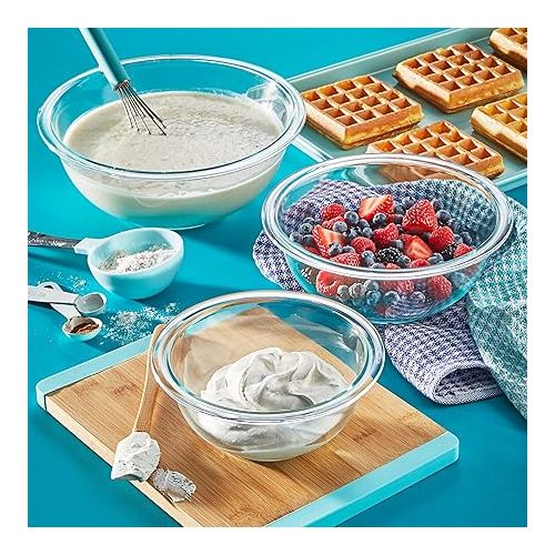  Pyrex Smart Essentials 3-Piece Prepware Mixing Bowl Set, 1-Qt, 1.5-Qt ,and 2.5-Qt Glass Mixing Bowls, Dishwasher, Microwave and Freezer Safe