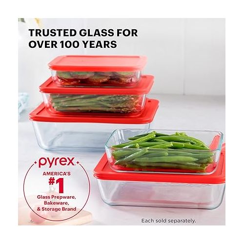  Pyrex Simply Store Glass Food Storage Container, Snug Fit Non-Toxic Plastic BPA-Free Lids, Freezer Dishwasher Microwave Safe, 11 Cup