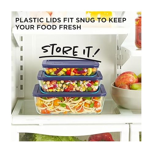  Pyrex Simply Store 6-Pc Glass Food Storage Container Set with Lids, 3-Cup, 6-Cup, & 11-Cup Rectangular Meal Prep Containers with Lid, BPA-Free Lid, Dishwasher, Microwave and Freezer Safe