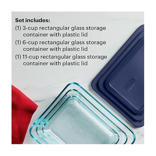  Pyrex Simply Store 6-Pc Glass Food Storage Container Set with Lids, 3-Cup, 6-Cup, & 11-Cup Rectangular Meal Prep Containers with Lid, BPA-Free Lid, Dishwasher, Microwave and Freezer Safe