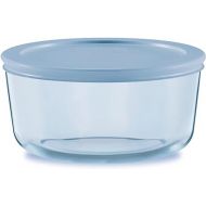 Pyrex Colors (4 Cup) Tinted Glass Medium Round Food Storage Container, Snug Fit Non-Toxic Plastic BPA-Free Lids, Freezer Dishwasher Microwave Safe, Blue