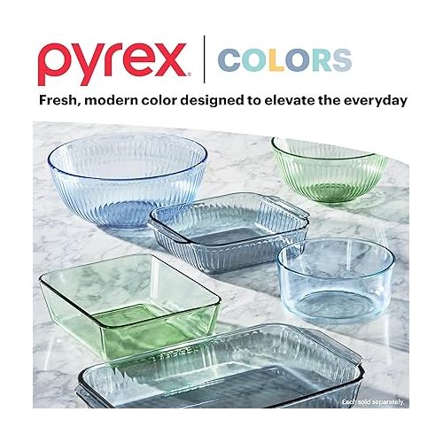  Pyrex Colors (4 Cup) Tinted Glass Medium Round Food Storage Container, Snug Fit Non-Toxic Plastic BPA-Free Lids, Freezer Dishwasher Microwave Safe, Blue