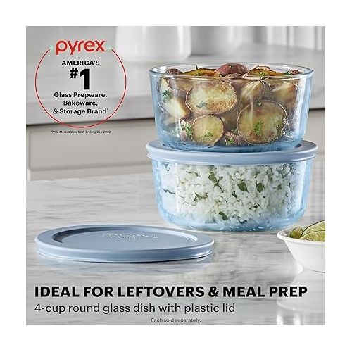  Pyrex Colors (4 Cup) Tinted Glass Medium Round Food Storage Container, Snug Fit Non-Toxic Plastic BPA-Free Lids, Freezer Dishwasher Microwave Safe, Blue