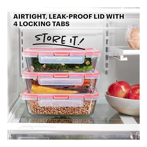  Pyrex Freshlock 6-Pieces 6-Cup Glass Food Storage Containers Set, Airtight & Leakproof Locking Lids, Freezer Dishwasher Microwave Safe, 6 Piece Set (3 Containers & 3 Lids)