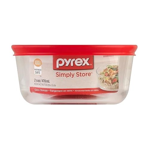  Pyrex Simply Store 2-Cup Single Glass Food Storage Container with Lid, Non-Pourous Round Meal Prep Container, BPA-Free , Dishwasher, Microwave, Oven and Freezer Safe,Red